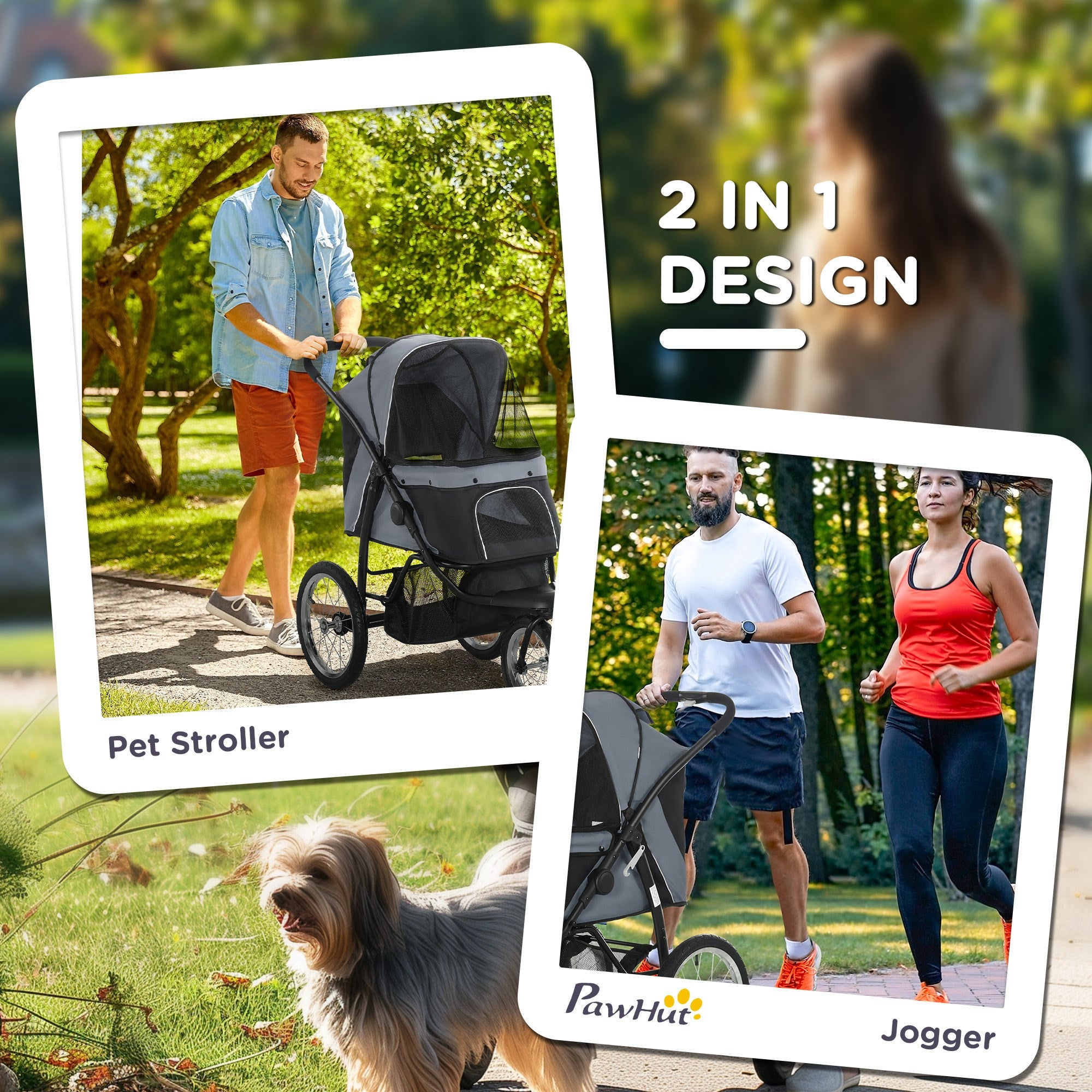 3 Wheels Pet Stroller for Small Dogs and Medium Dogs with Adjustable Canopy, Safety Tether, Storage Basket, Gray