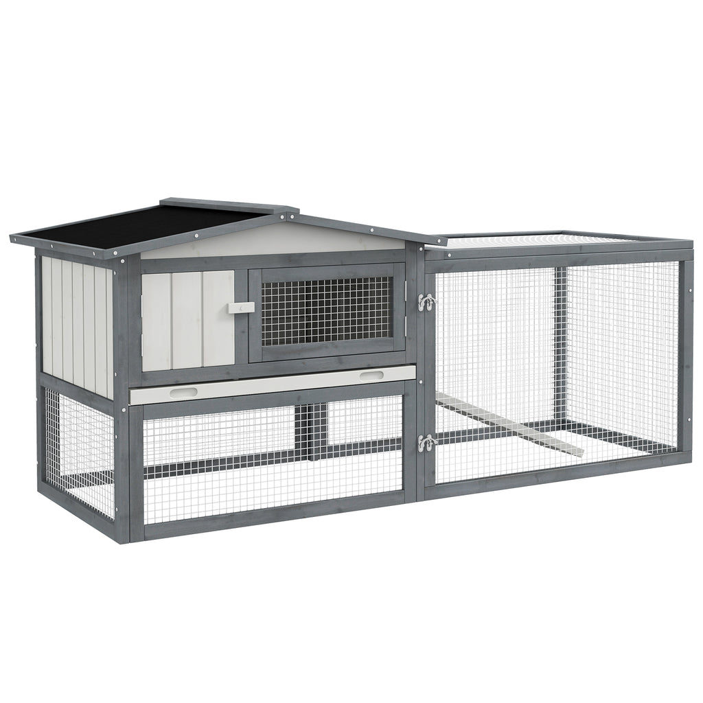 Large Rabbit Cage Outdoor 61"L Guinea Pig Hutch w/ Run Feeding Trough Removable Tray Ramp Asphalt Roof, White