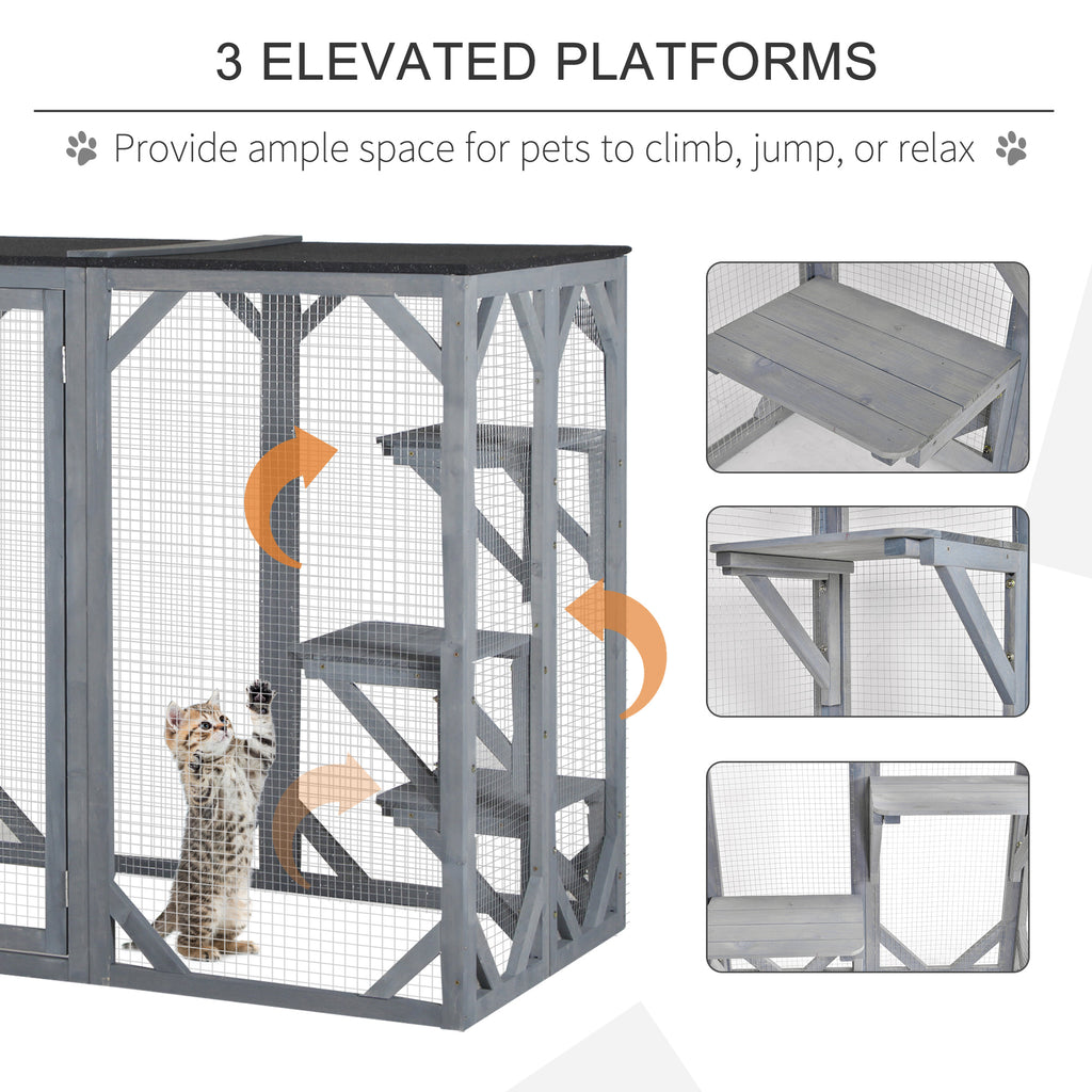 71" x 32" x 44" Large Wooden Outdoor Cat Enclosure Catio Cage With 3 Platforms, Gray
