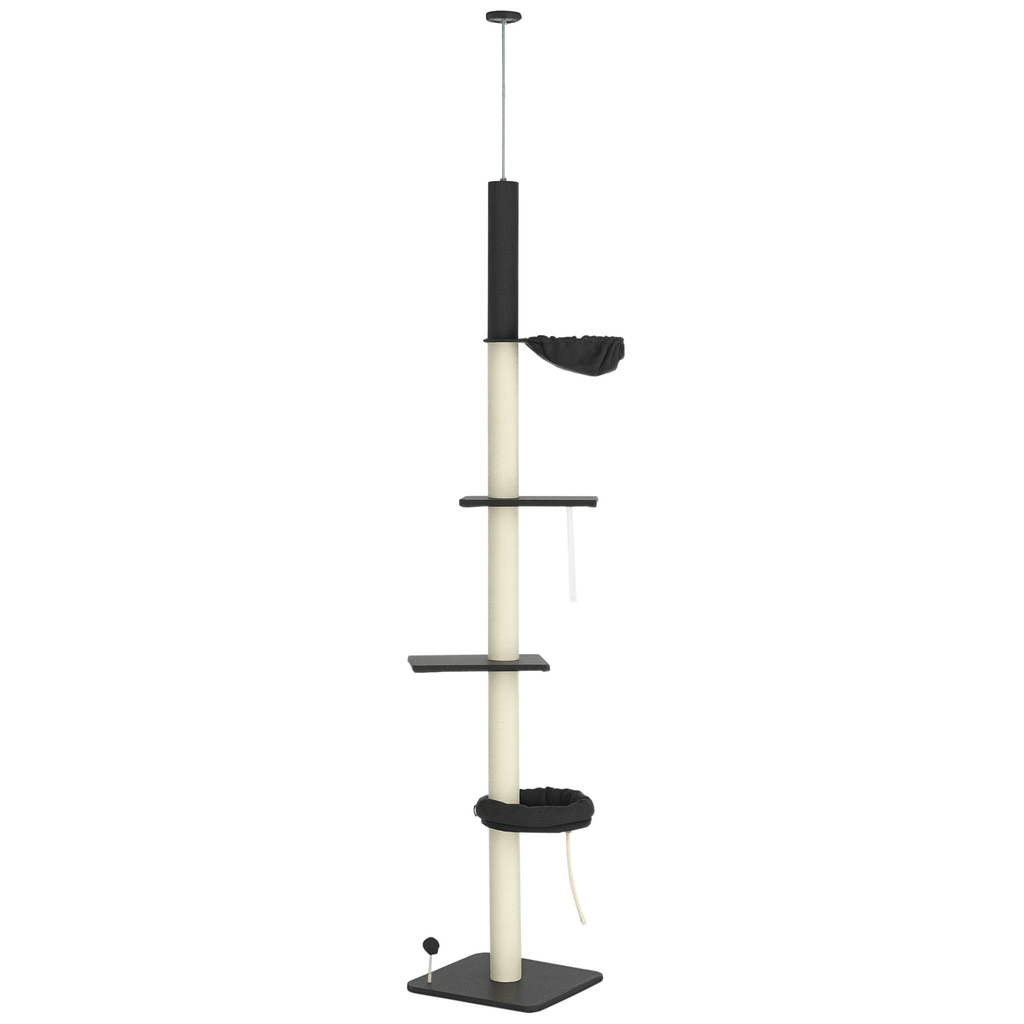 Floor-to-Ceiling Cat Tree 5-Tier, 95¨C106in Adjustable Height, Bed & Hammock, Scratching Posts with Toy, Indoor Cat Tower, Dark Gray/Cream