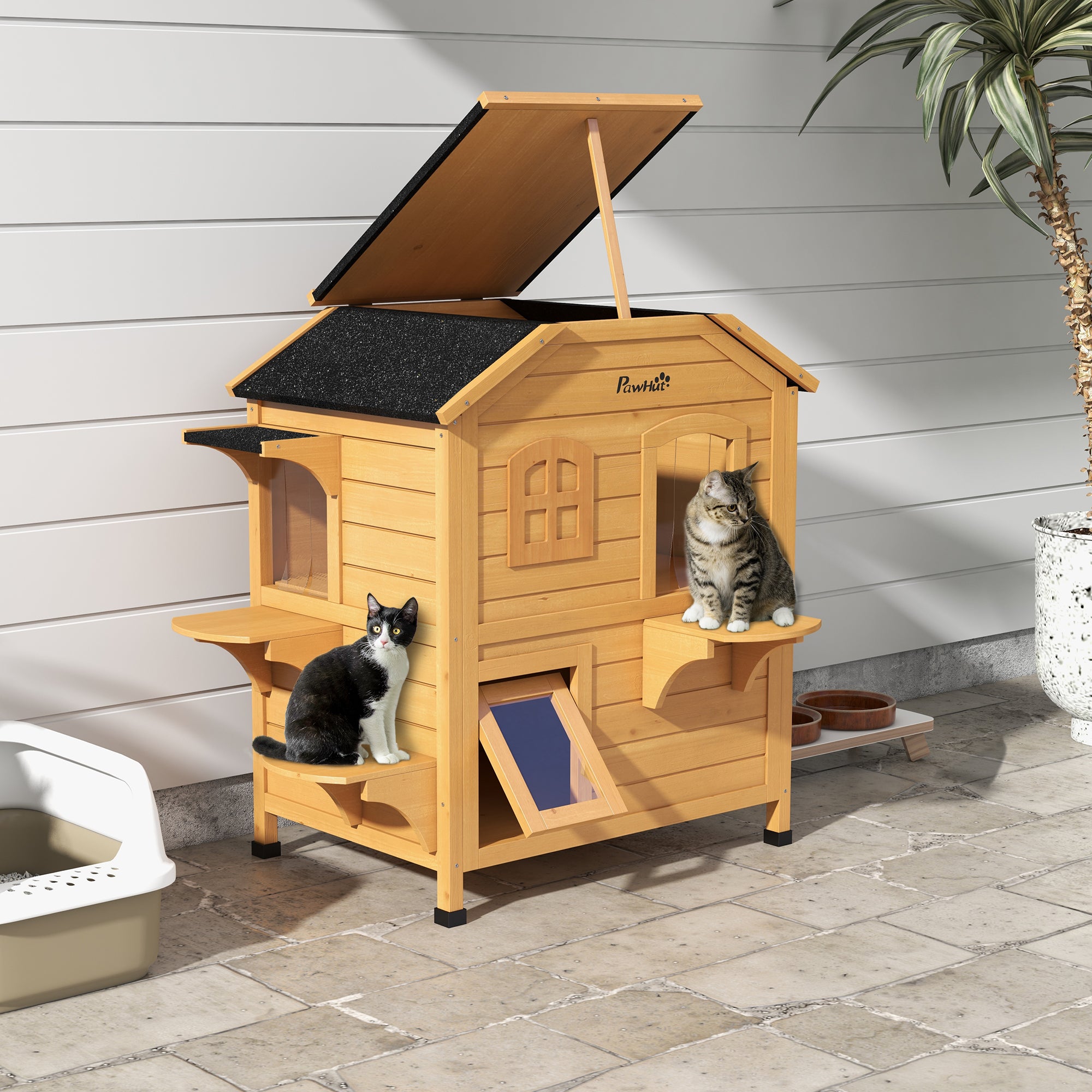 ?2-story Cat House Outdoor, Weatherproof?Wooden Cat Enclosure for Feral Cats with Escape Door, Openable Roof, Jumping Platforms, Natural