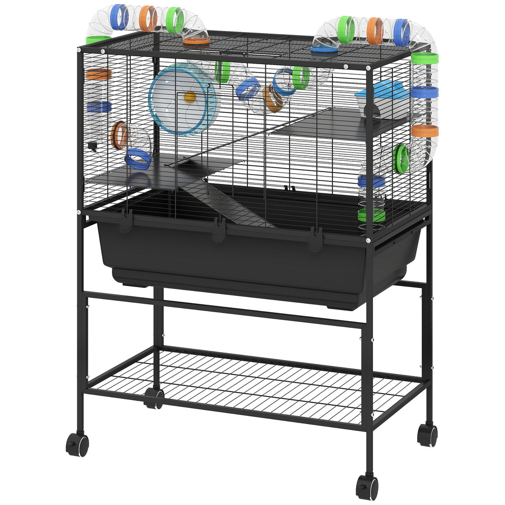 3-Tier Rolling Hamster Cage with Wheels - Large Rat Cage with Deep No-Leak Tray, Storage Shelf & Exercise Wheel, Full Habitat with Tubes, Hut, Gray