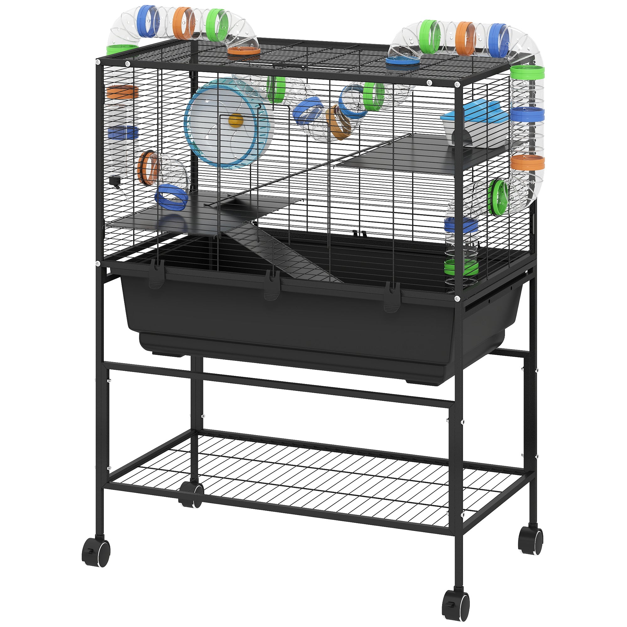 3-Tier Rolling Hamster Cage with Wheels - Large Rat Cage with Deep No-Leak Tray, Storage Shelf & Exercise Wheel, Full Habitat with Tubes, Hut, Gray