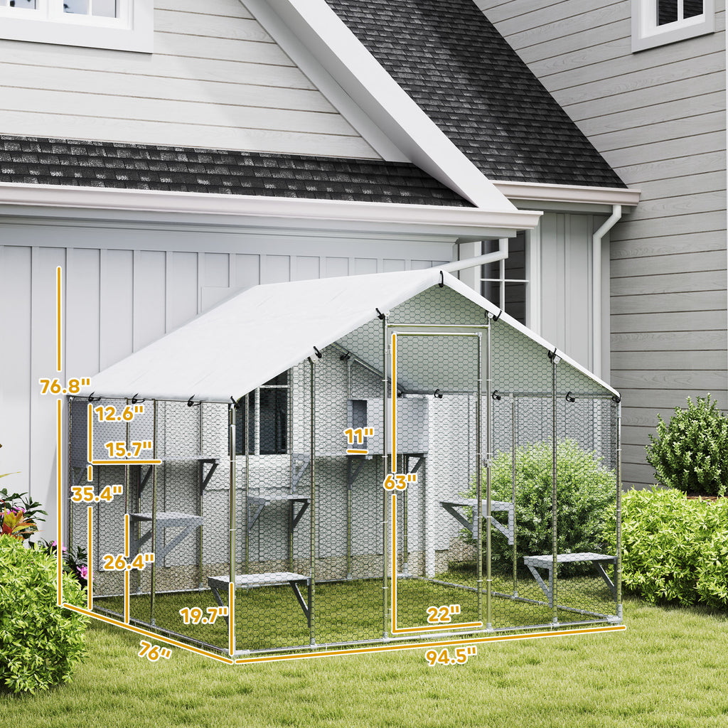 94.5" Extra Large Metal Outdoor Catio with Waterproof Cover, 2 Resting Boxes, 7 Jumping Platforms, for Multiple Cats