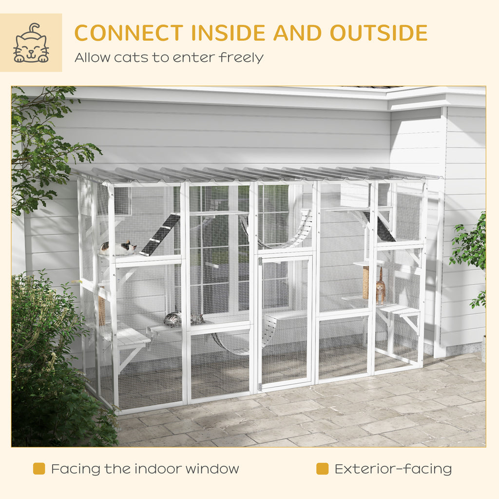 Cat Window Box , Large Catio with Shelves & Bridges, Outside Enclosure for Multiple Cats, White
