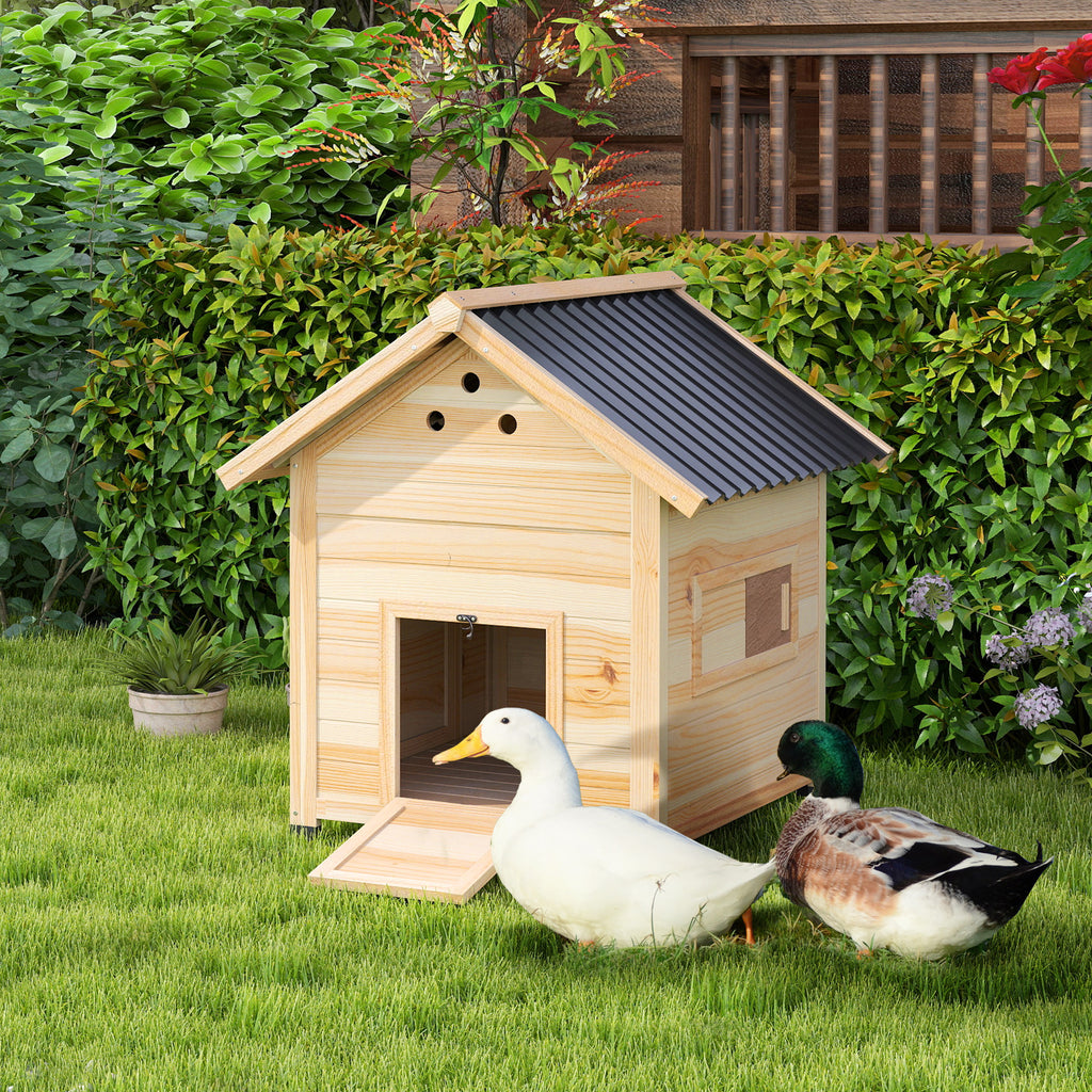 Duck Coop, Wooden Duck House with Openable Roof & Double Doors, Natural Wood
