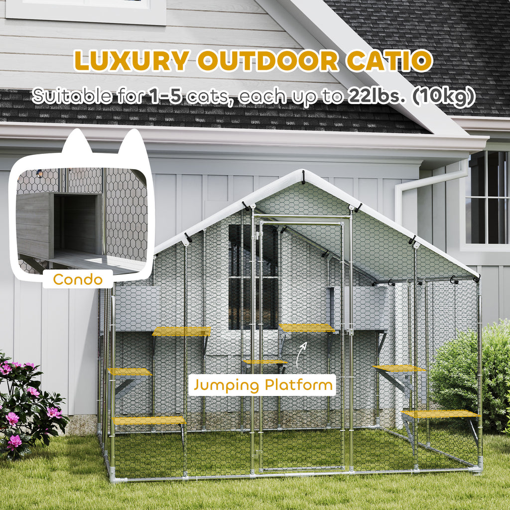 94.5" Extra Large Metal Outdoor Catio with Waterproof Cover, 2 Resting Boxes, 7 Jumping Platforms, for Multiple Cats