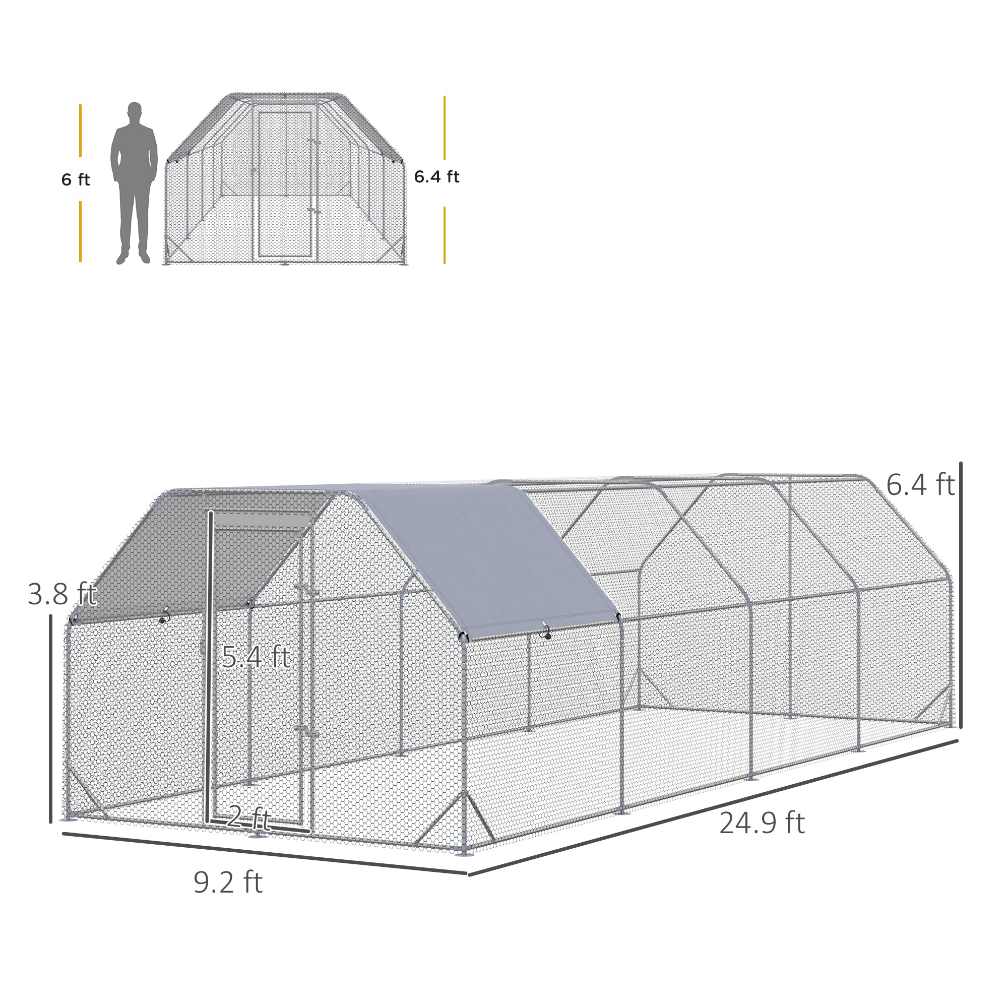 Large Chicken Coop Metal Chicken Run with Waterproof and Anti-UV Cover, Flat Shaped Walk in Fence Cage Hen House for Outdoor and Yard Farm Use, 1" Tube Diameter, 9.2' x 24.9' x 6.4'