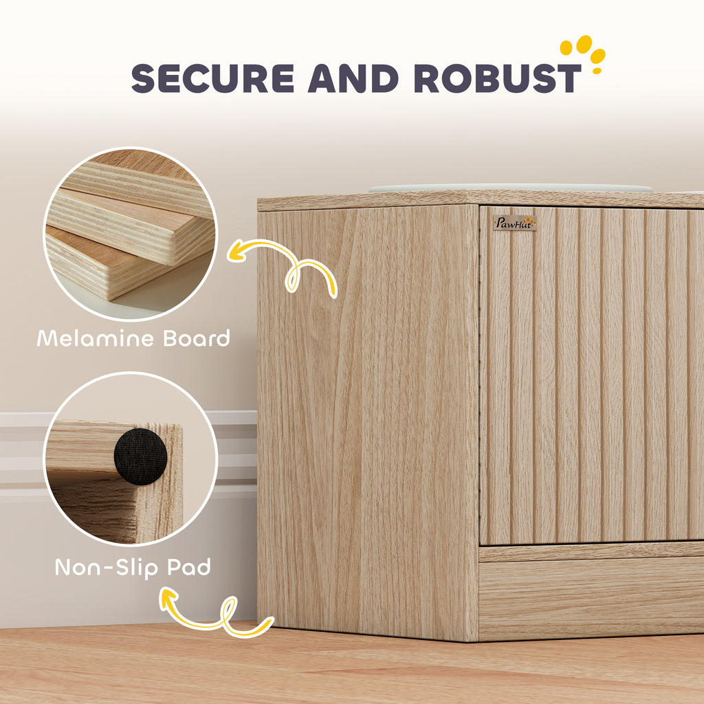 Elevated Dog Bowls with Storage Cabinet,  2 Stainless Steel Bowls, Slow Feeder, Dog Feeding Station for Large Dogs, Oak