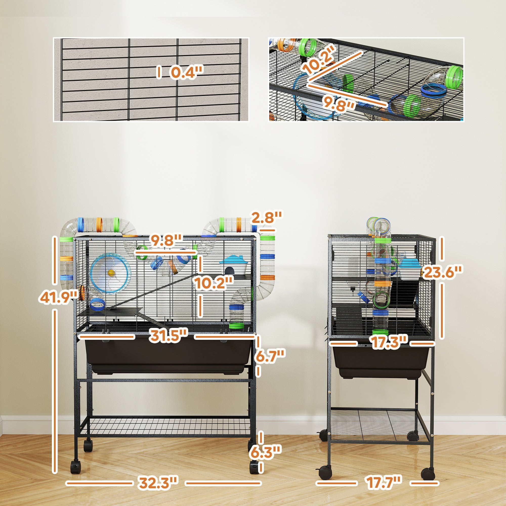 3-Tier Rolling Hamster Cage with Wheels - Large Rat Cage with Deep No-Leak Tray, Storage Shelf & Exercise Wheel, Full Habitat with Tubes, Hut, Gray