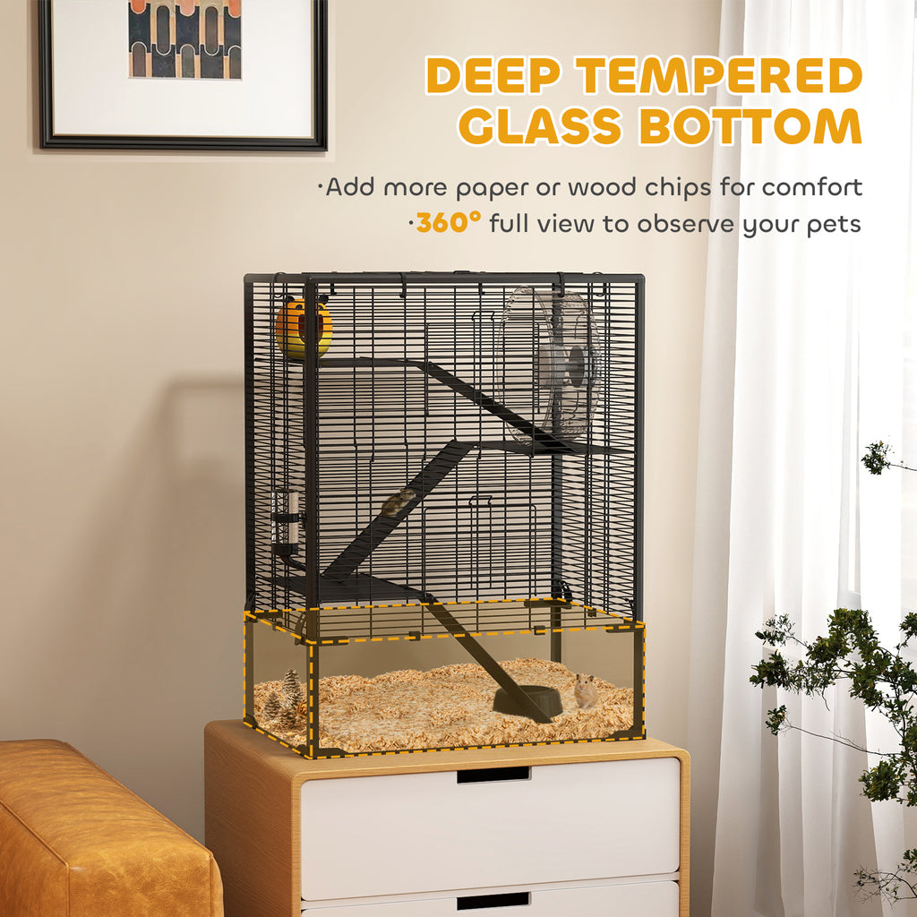 4 Tier Hamster Cage with Deep Tempered Glass Bottom, Running Wheel, Hut, Water Bottle, Food Dish, 24" x 16" x 31.5"