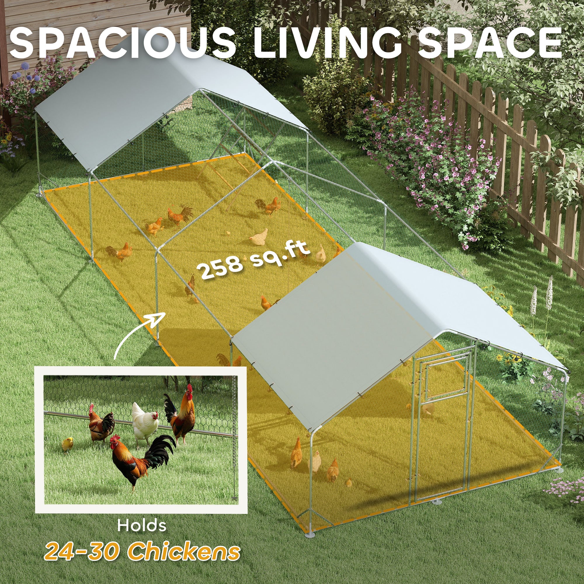 Metal Chicken Run w/ Waterproof & Anti-UV Cover, Feeding Door, Hanging Feeder, for 24-30 Chickens, 9.8' x 26.2' x 6.4'