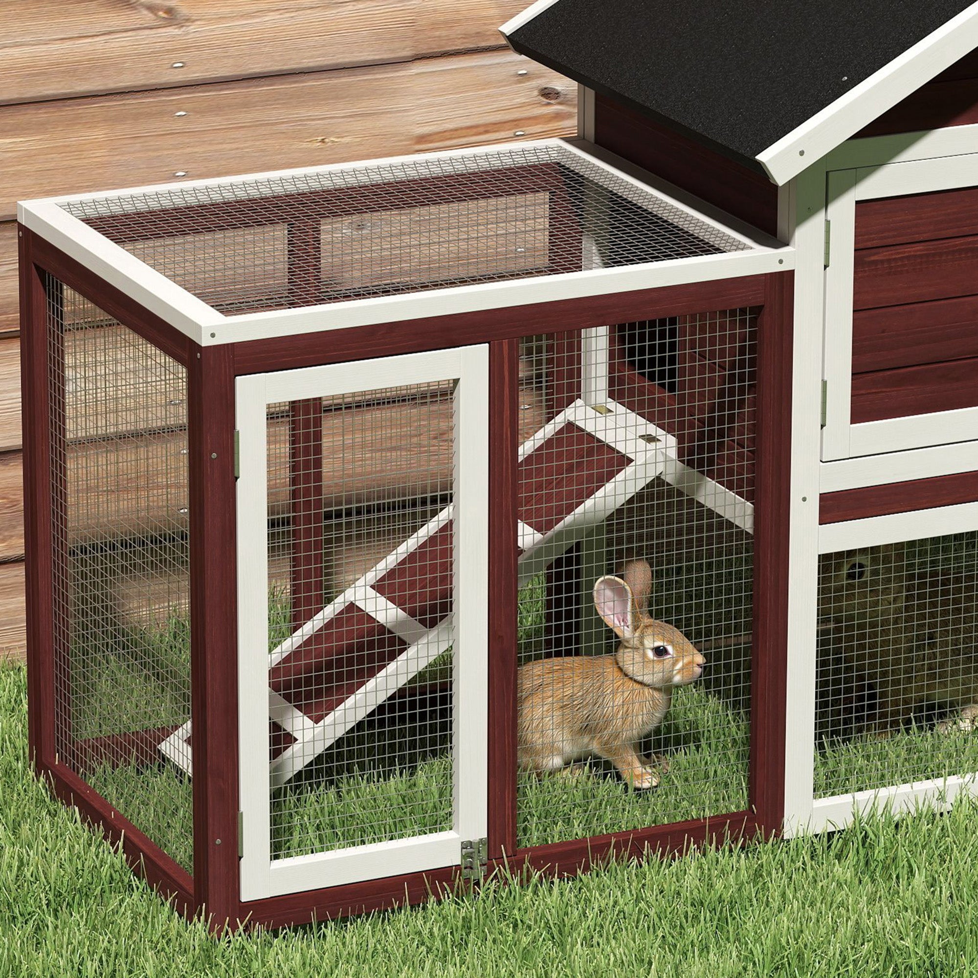 49" Wooden Rabbit Hutch Bunny Cage with Waterproof Asphalt Roof, Fun Outdoor Run, Removable Tray and Ramp, for Rabbits, Chickens, Ducks, Brown