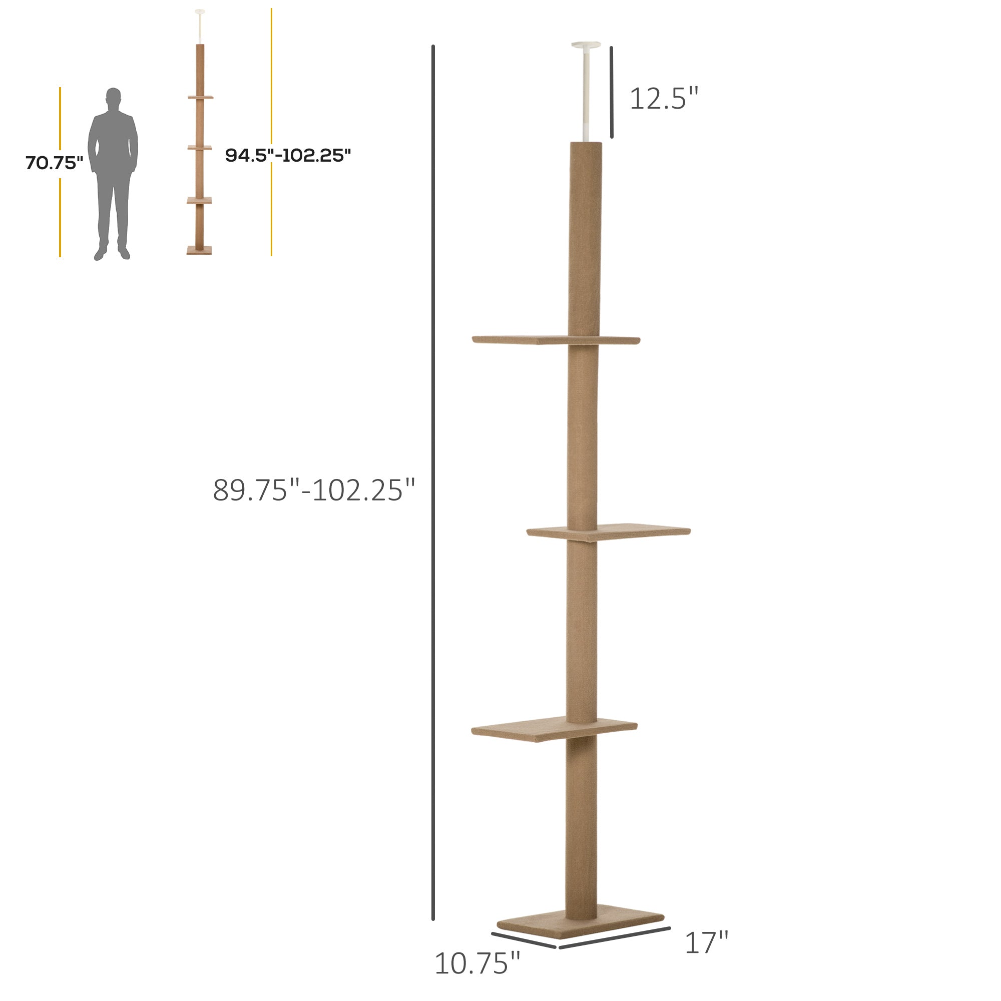 Floor-to-Ceiling Cat Tree with Sisal Scratching Posts, Tall Cat Climbing Tower Activity Center for Kittens & Indoor Cats, Brown