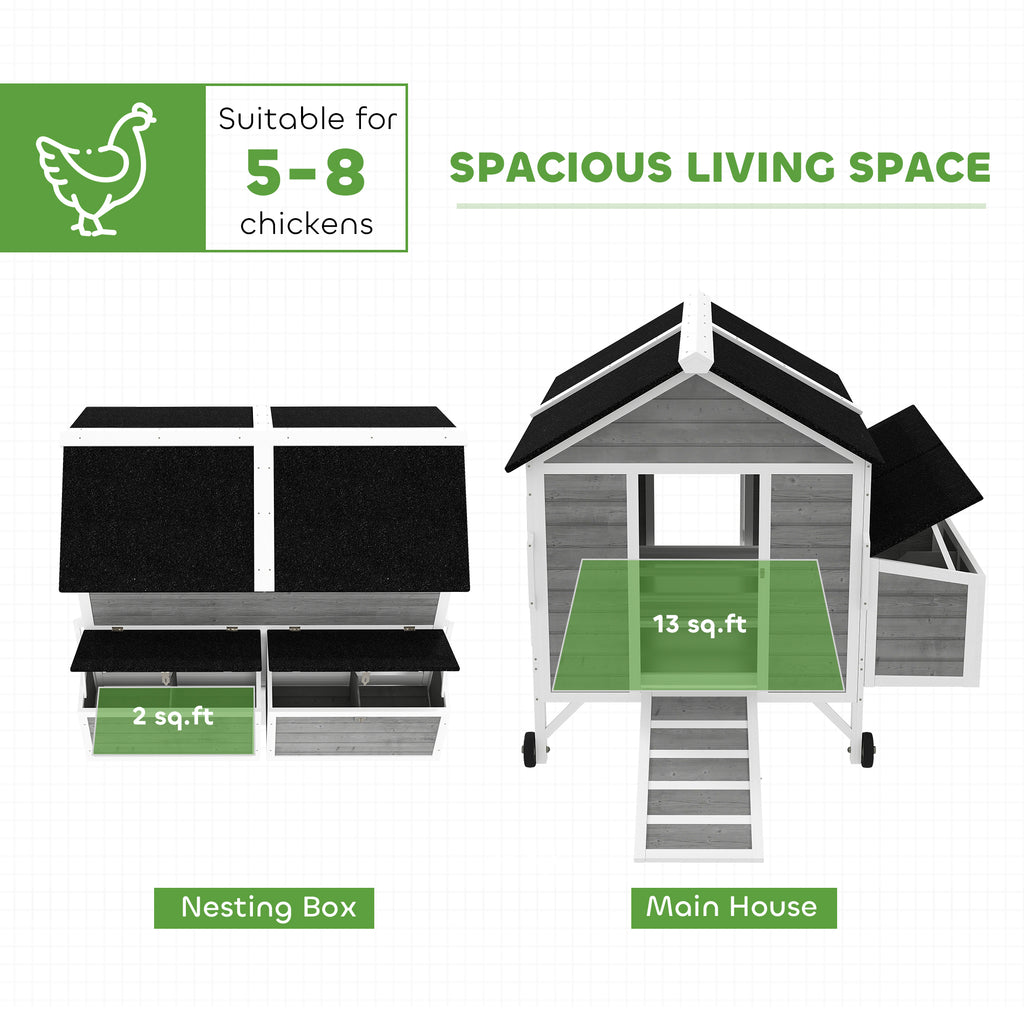 59" Wooden Chicken Coop w/ Wheels, Handles, 2 Nesting Boxes, 2 Trays, 4 Perches, Chicken Tractor for 4-6 Chickens, Gray