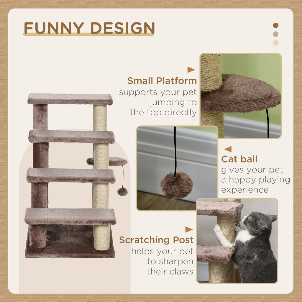 4-Level Cat Steps for High Bed & Sofa - Brown Pet Stairs with Integrated Sisal Scratching Posts, Soft Flannel Platforms & Hanging Toy Ball, Portable Ladder for Senior Cats & Kittens