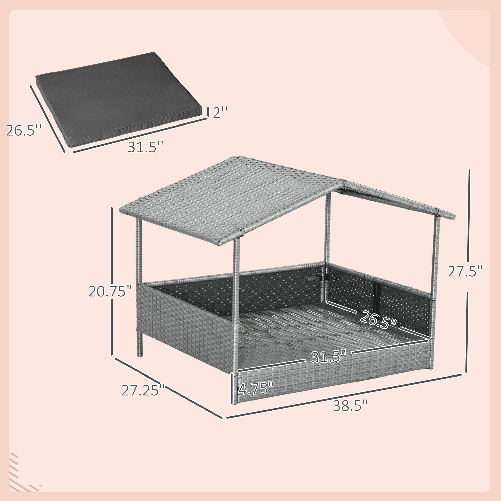 Wicker Dog House Outdoor with Canopy, Rattan Dog Bed with Water-resistant Cushion, Raised Pet Bed for Small, Medium Breeds up to 66 lbs, 20" in Length, Silver Wicker, Gray Cushion