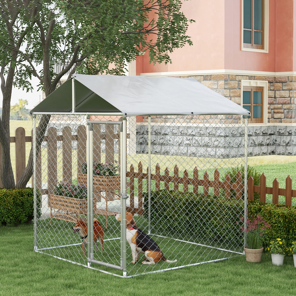 6.6' x 6.6' x 7.8' Dog Kennel Outdoor for Small Medium Dogs with Waterproof Roof, Silver