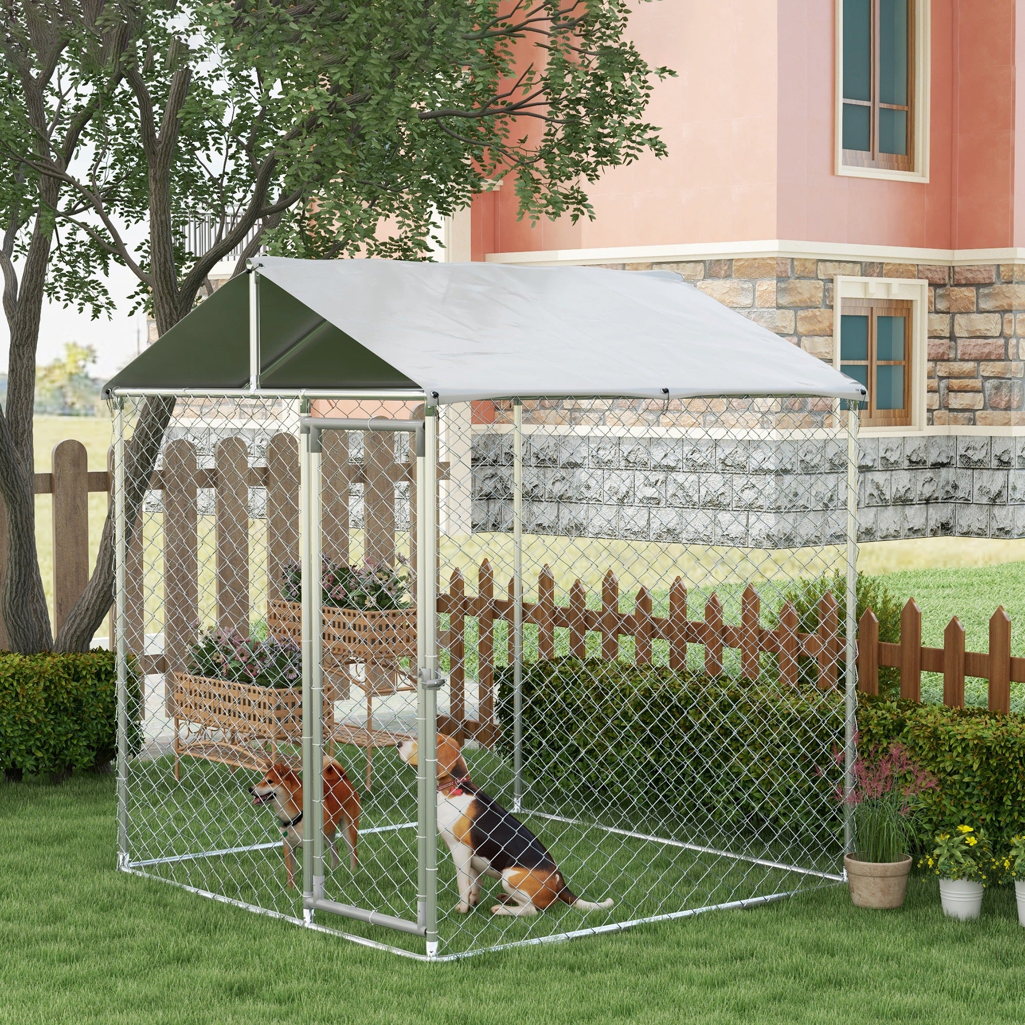 6.6' x 6.6' x 7.8' Dog Kennel Outdoor for Small Medium Dogs with Waterproof Roof, Silver