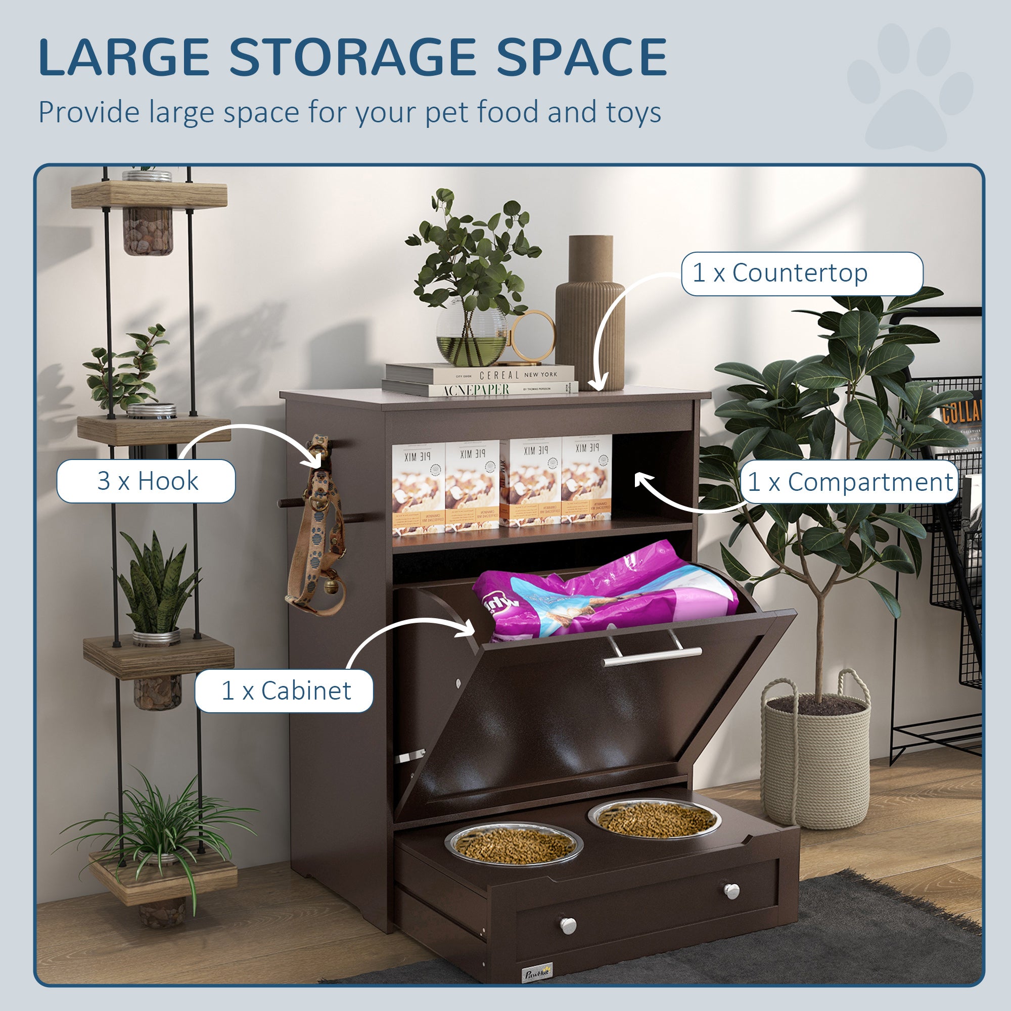 Pet Feeder Station with Storage Cabinet & Raised Bowls, Dog Food Container