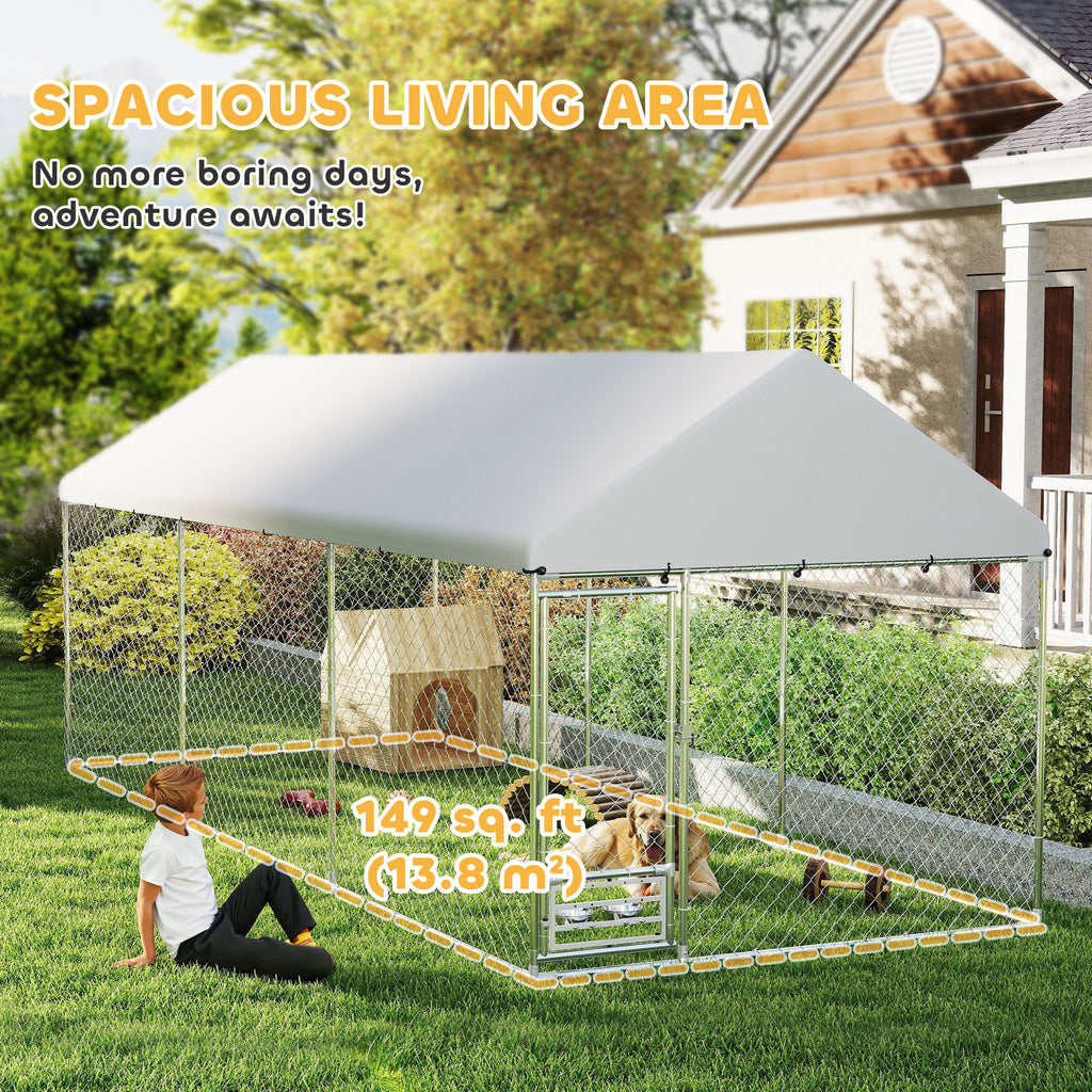 Outdoor Dog Kennel w/ Adjustable & Rotatable Bowl Rack, Waterproof UV-Resistant Cover, Secure Lock, 19.7' x 7.5' x 7.5'
