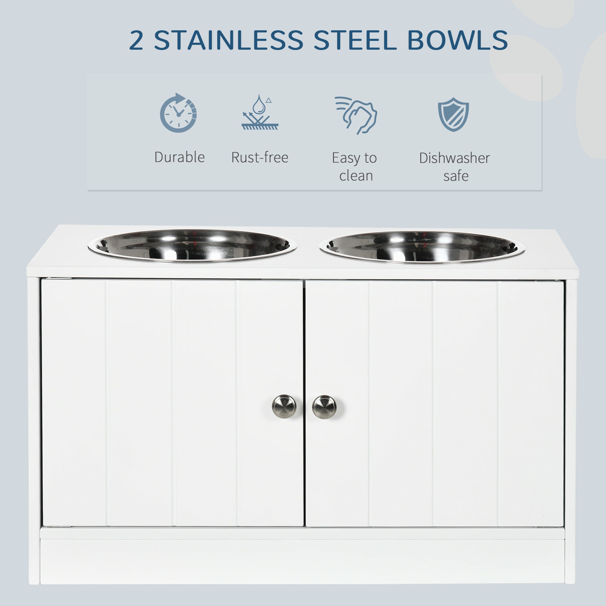 Large Elevated Dog Bowls with Storage Cabinet Containing Large 44L Capacity, Raised Dog Bowl Stand Pet Food Bowl Pet Feeding Station, White