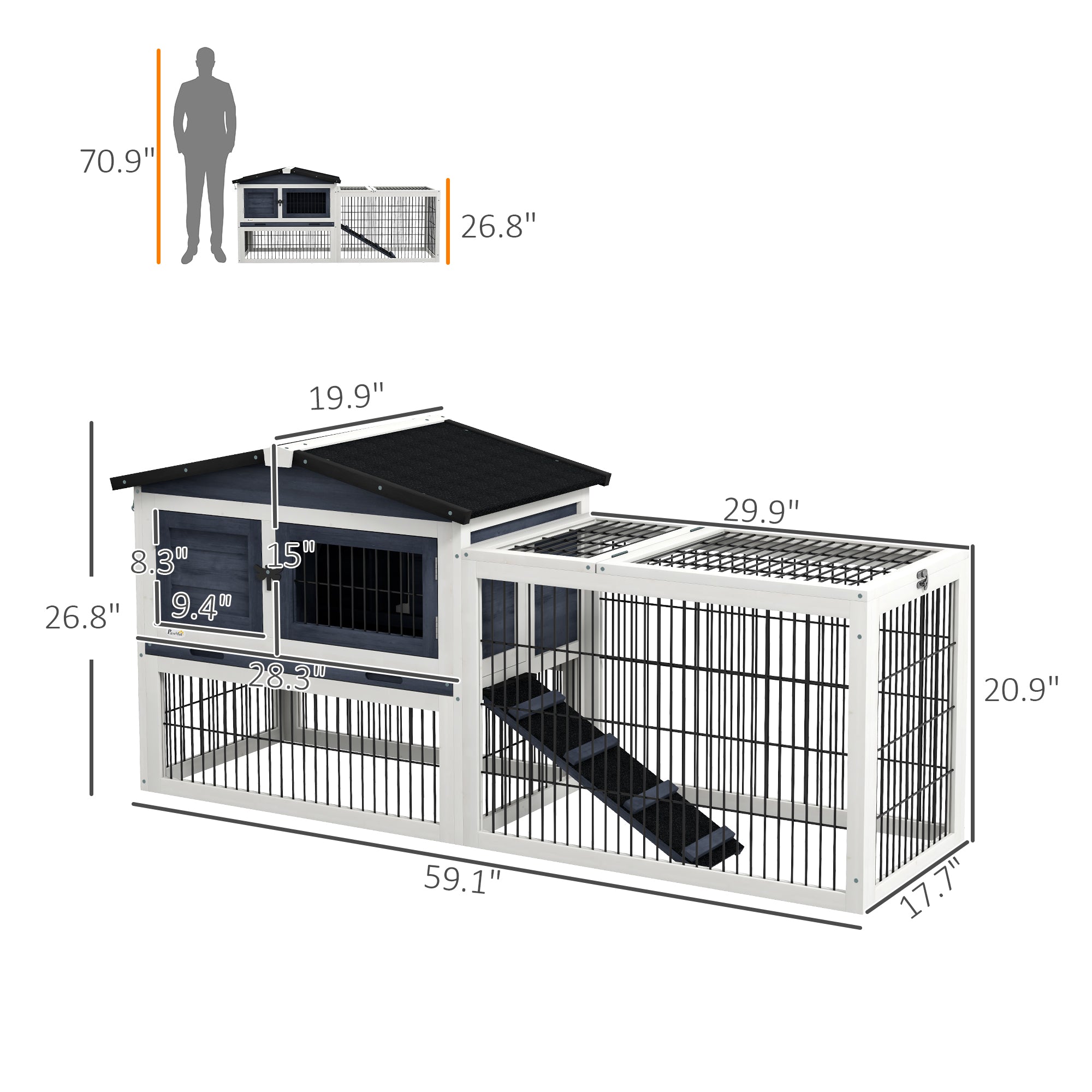 2 Level 59" Outdoor Rabbit Hutch with Openable Top, Dark Gray