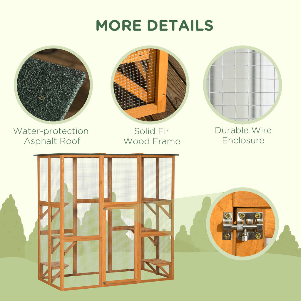 Outdoor Cat House Big Catio Wooden Feral Cat Shelter Enclosure with Large Spacious Interior, 6 High Ledges, Weather Protection Asphalt Roof, 71" L, Orange