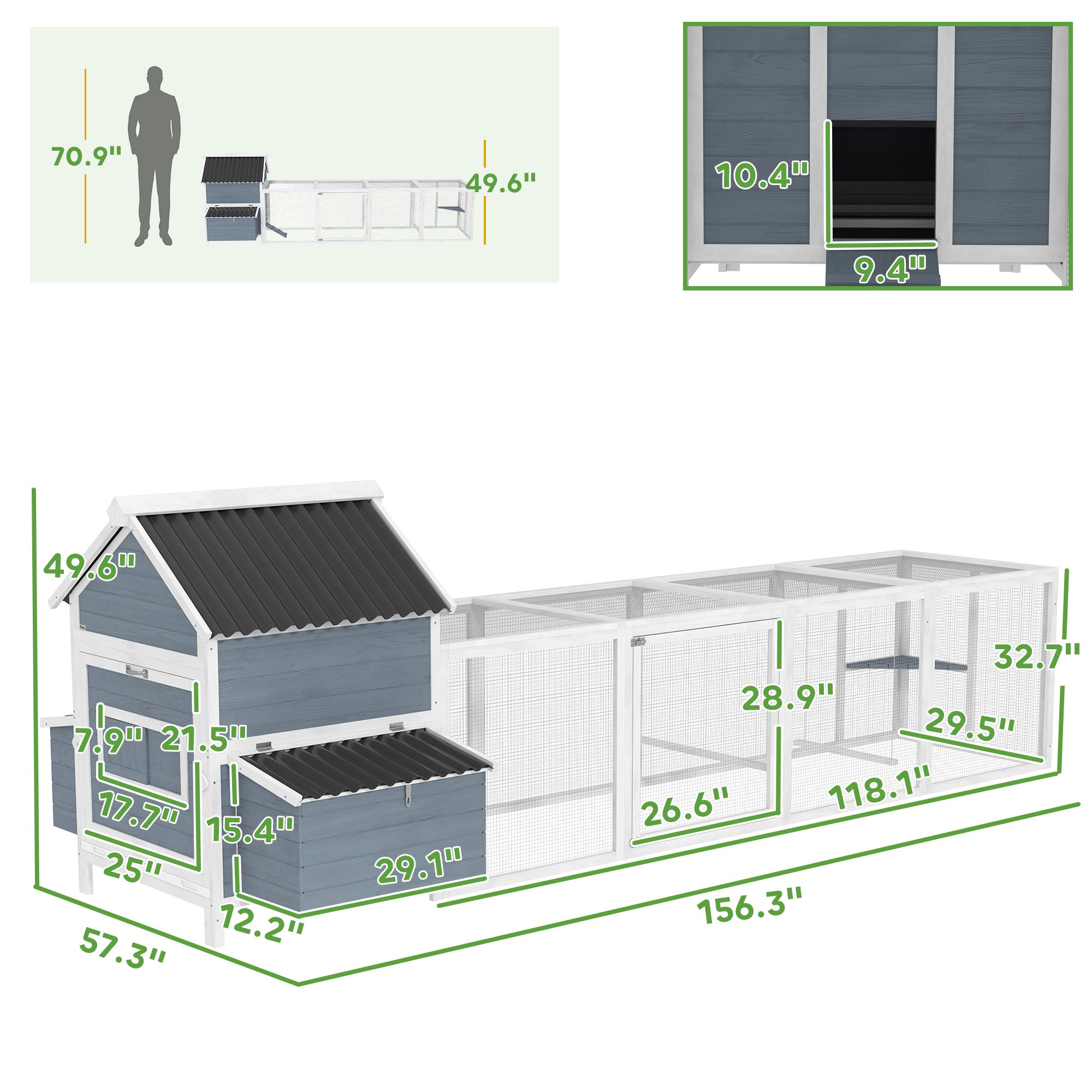 156" Extra Large Wooden Chicken Coop with 2 Nesting Box, Run Cage, Waterproof Wave Roof, for 10-15 Chickens, Light Gray