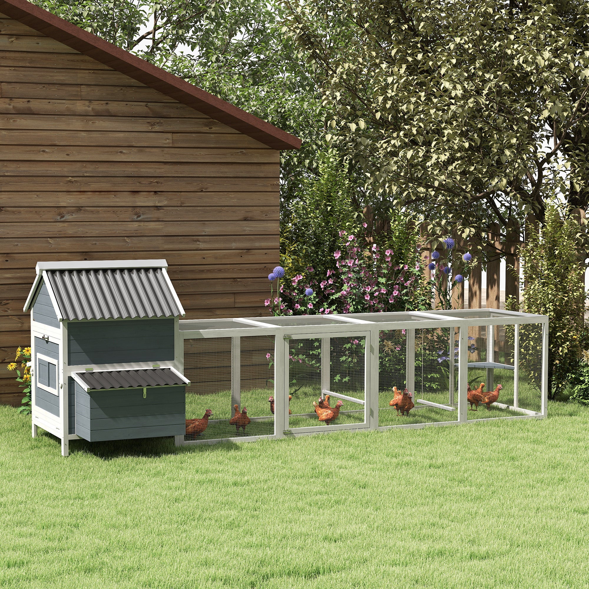 156" Extra Large Wooden Chicken Coop with 2 Nesting Box, Run Cage, Waterproof Wave Roof, for 10-15 Chickens, Light Gray