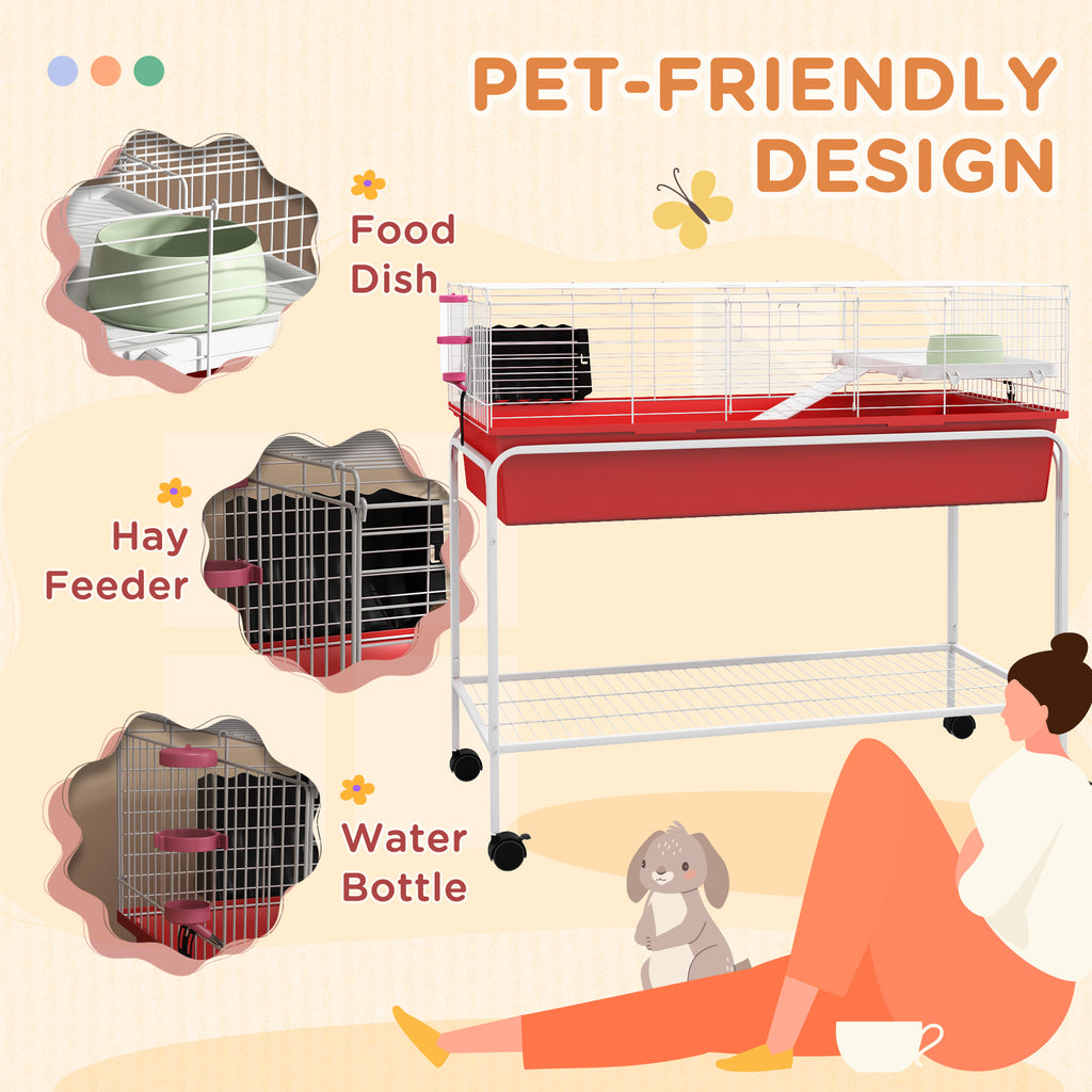 Two-Story Small Animal Cage Removable from Stand, Pet Habitat with Shelf & Wheels, 39" x 20.5" x 36.5", Red