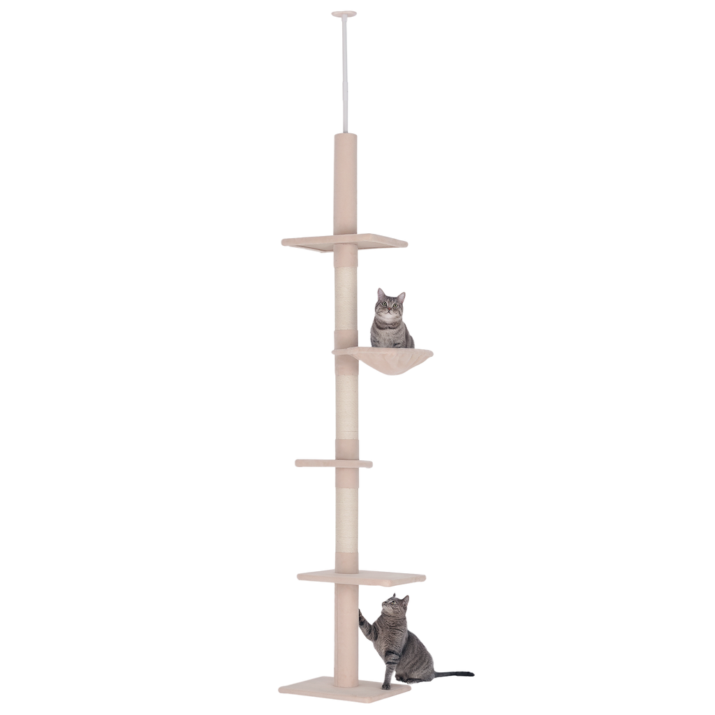 102" Adjustable Floor to Ceiling Cat Tree - 5-Level Tall Cat Tower with Sisal Scratching Posts & Cozy Hammock, No-Drill Tension Mount, Beige - Space-Saving Indoor Activity Center for Large Cats