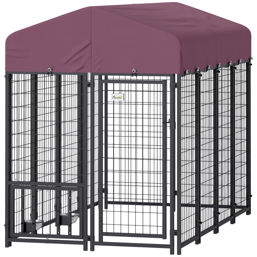 Welded Wire Outdoor Dog Kennel with 360¡ã Rotating & 4 Levels Adjustable Bowls, Waterproof Cover, 7.9' x 4' x 6'