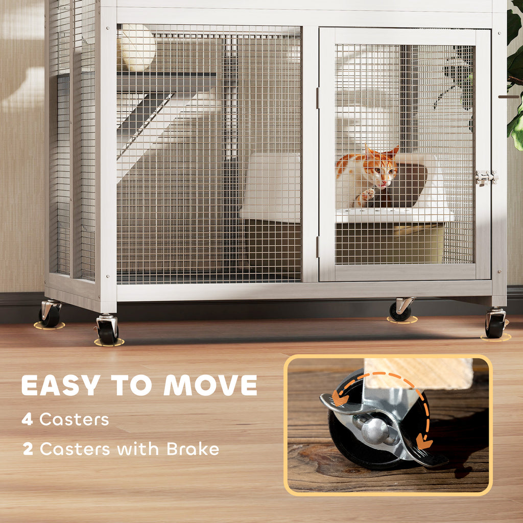 74" Wooden Catio Outdoor Cat Enclosure Weatherproof & Wheeled, Outside Cat House with High Weight Capacity, Kitten Cage Condo, White