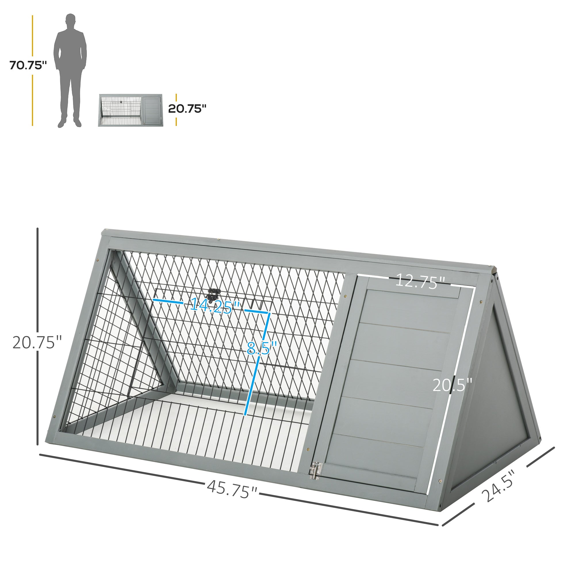 46" x 24" Wooden A-Frame Outdoor Rabbit Hutch, Small Animal Cage, Bunny Hutch with Outside Run & Ventilating Wire, for Rabbits, Chickens, Ducks, Gray