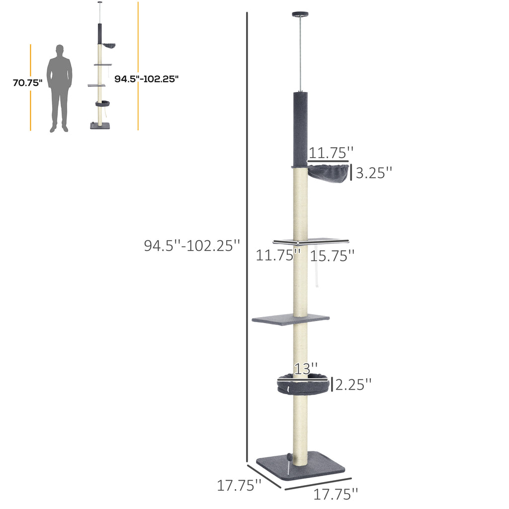 Floor-to-Ceiling Cat Tree 5-Tier, 95¨C106in Adjustable Height, Bed & Hammock, Scratching Posts with Toy, Indoor Cat Tower, Dark Gray/Cream