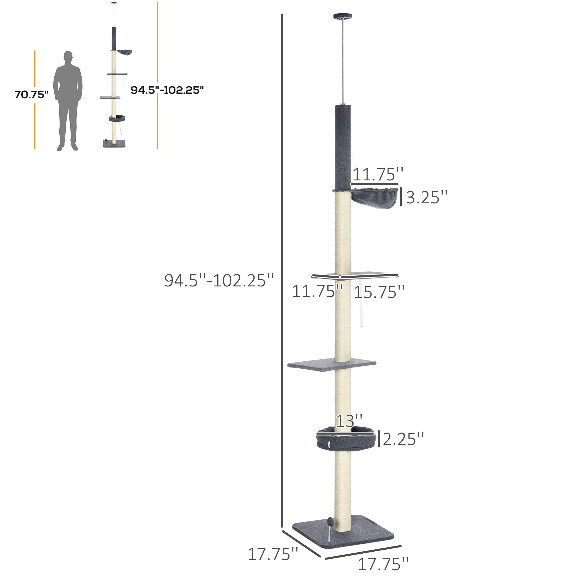 Floor-to-Ceiling Cat Tree 5-Tier, 95¨C106in Adjustable Height, Bed & Hammock, Scratching Posts with Toy, Indoor Cat Tower, Dark Gray/Cream