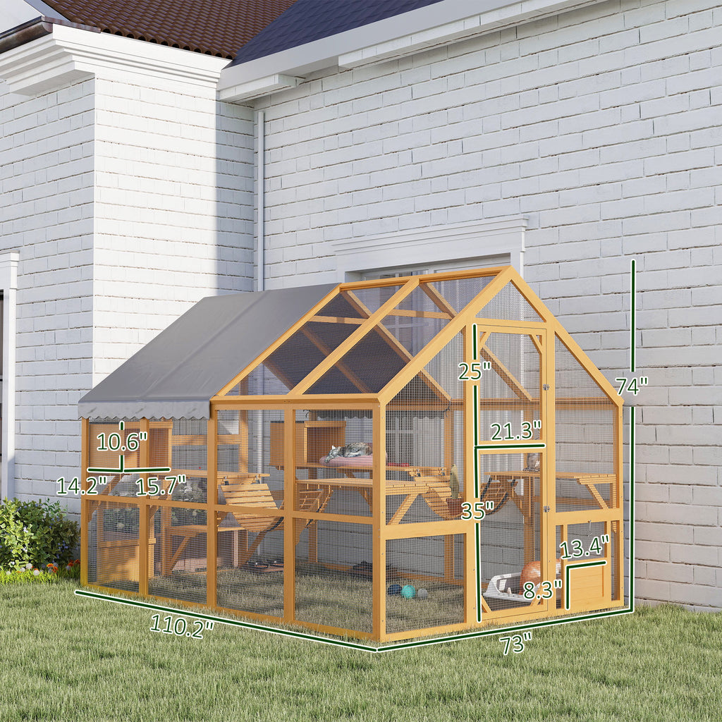 Wooden Catio Outdoor Cat Enclosure, Large Cat House with Waterproof Cover, 2 Condos, 6 Platforms, Bridge, Doors, Yellow