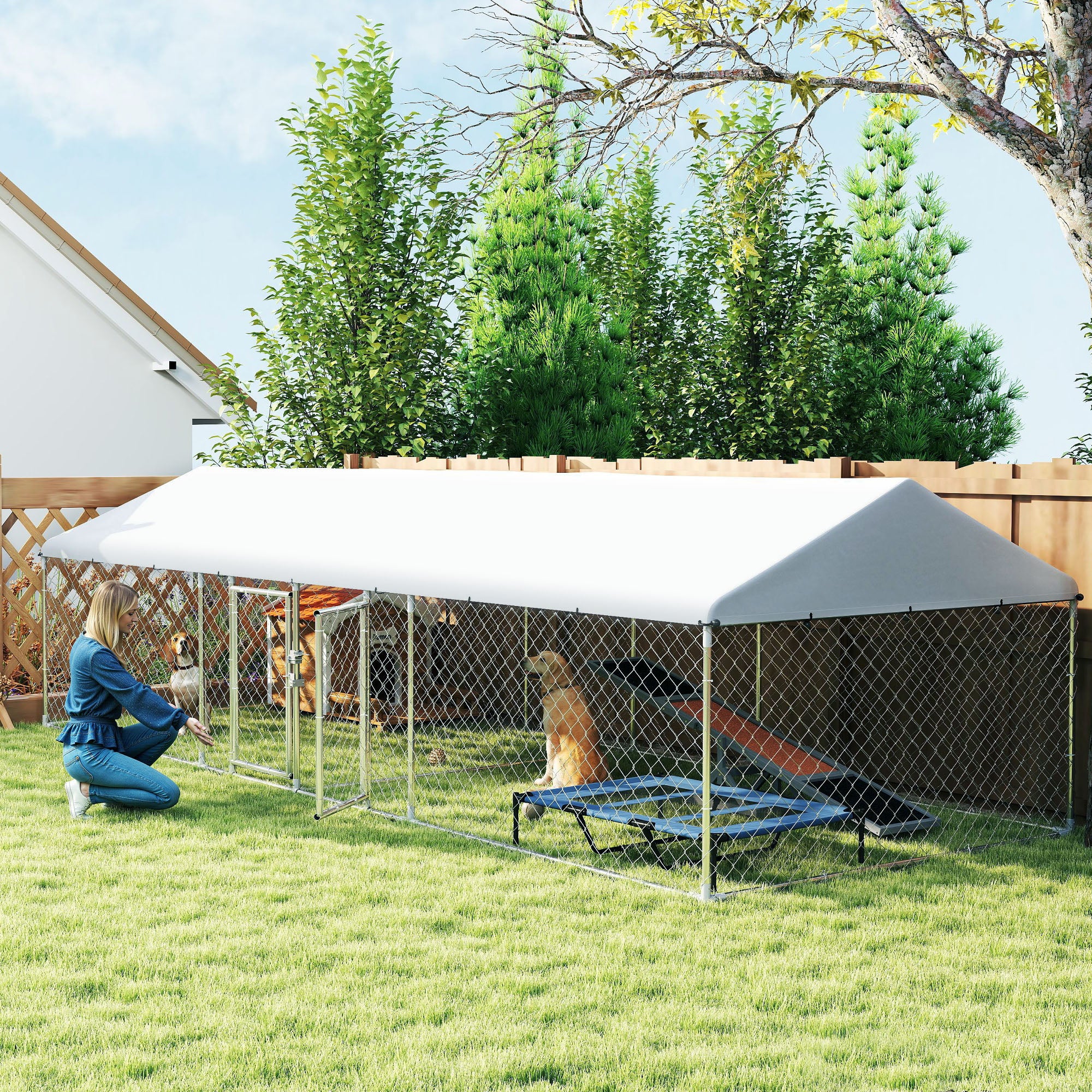 Two Room Outdoor Dog Kennel, Dog Run with Roof, Waterproof UV-Resistant Cover, Secure Lock, 19.7' x 7.5' x 5.2'