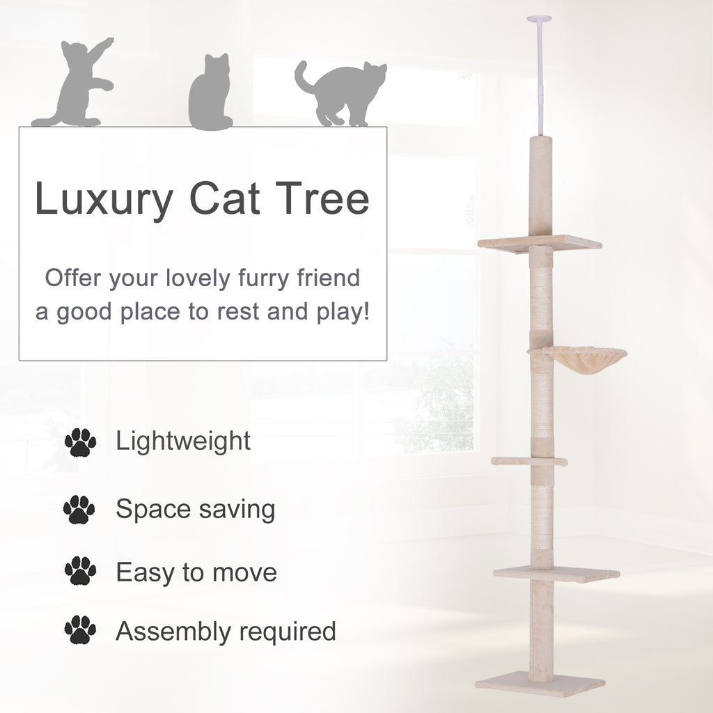 102" Adjustable Floor to Ceiling Cat Tree - 5-Level Tall Cat Tower with Sisal Scratching Posts & Cozy Hammock, No-Drill Tension Mount, Beige - Space-Saving Indoor Activity Center for Large Cats