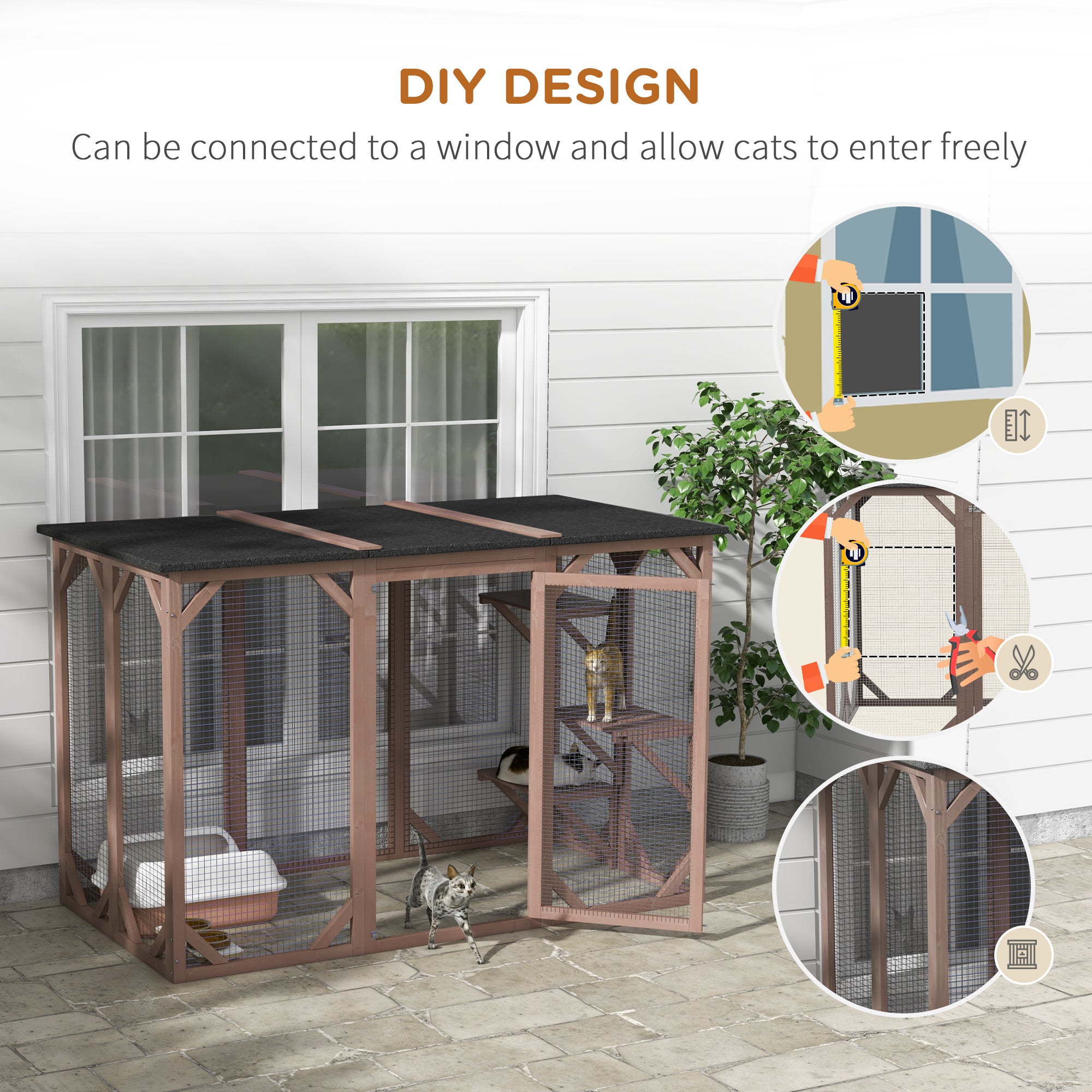Outdoor Cat House, Catio Wooden Feral Cat Shelter, Cat Cage with Platforms, Large Enter Door, Weather Protection Asphalt Roof, 71" L, Brown