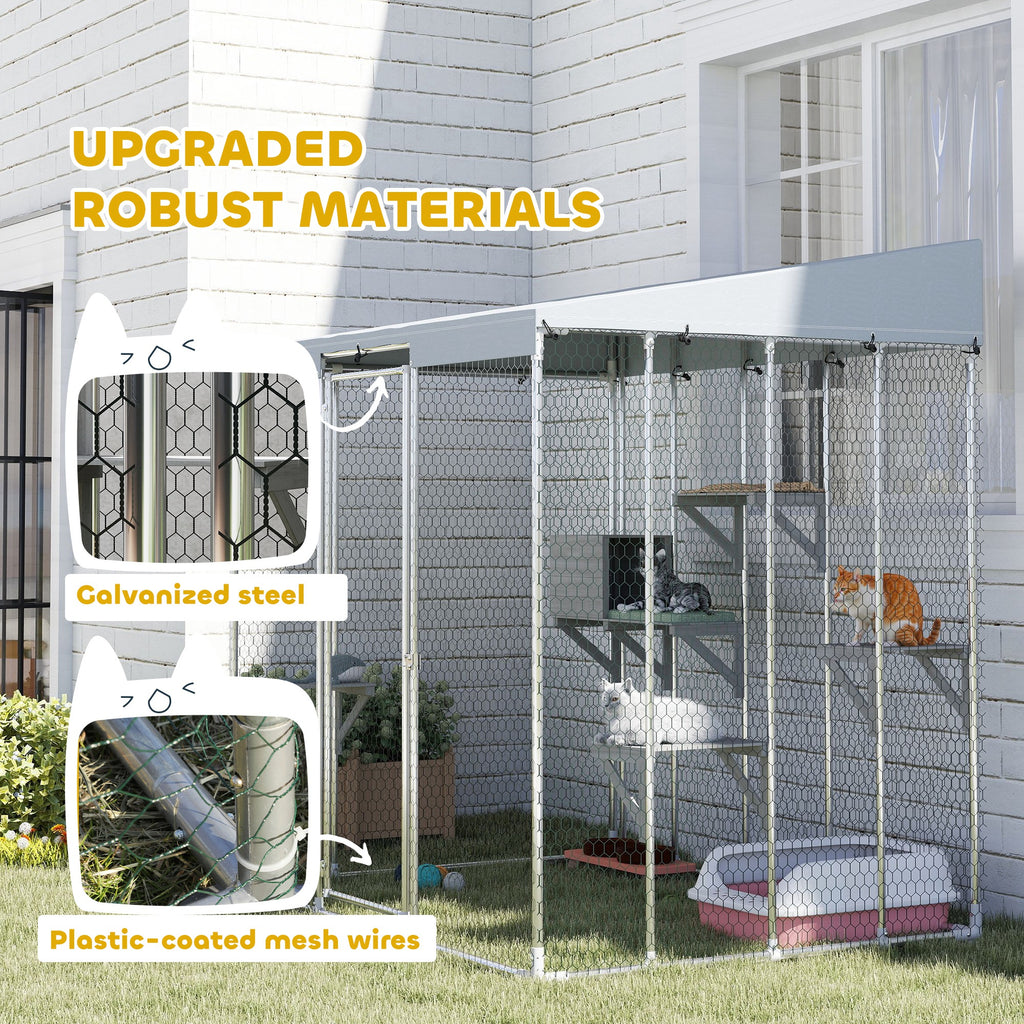 79" Galvanized Steel Large Catio with Waterproof Canopy, Sleeping Box, Jumping Platforms, for 1-3 Kittens, Silver