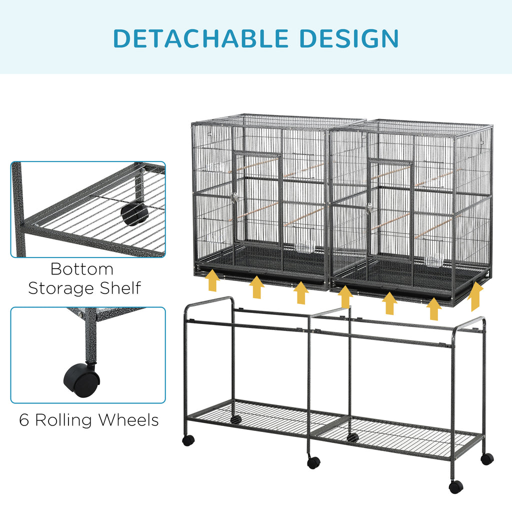 Rolling 65"L Bird Cage w/ Storage Shelf Wood Perch Food Container