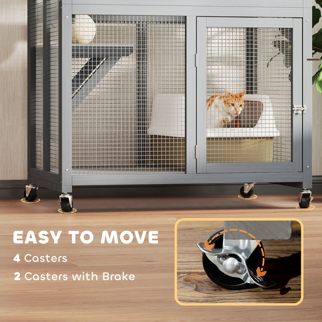 74" Wooden Outdoor Cat House Catio with High Weight Capacity, Cat Cage Condo, Dark Gray