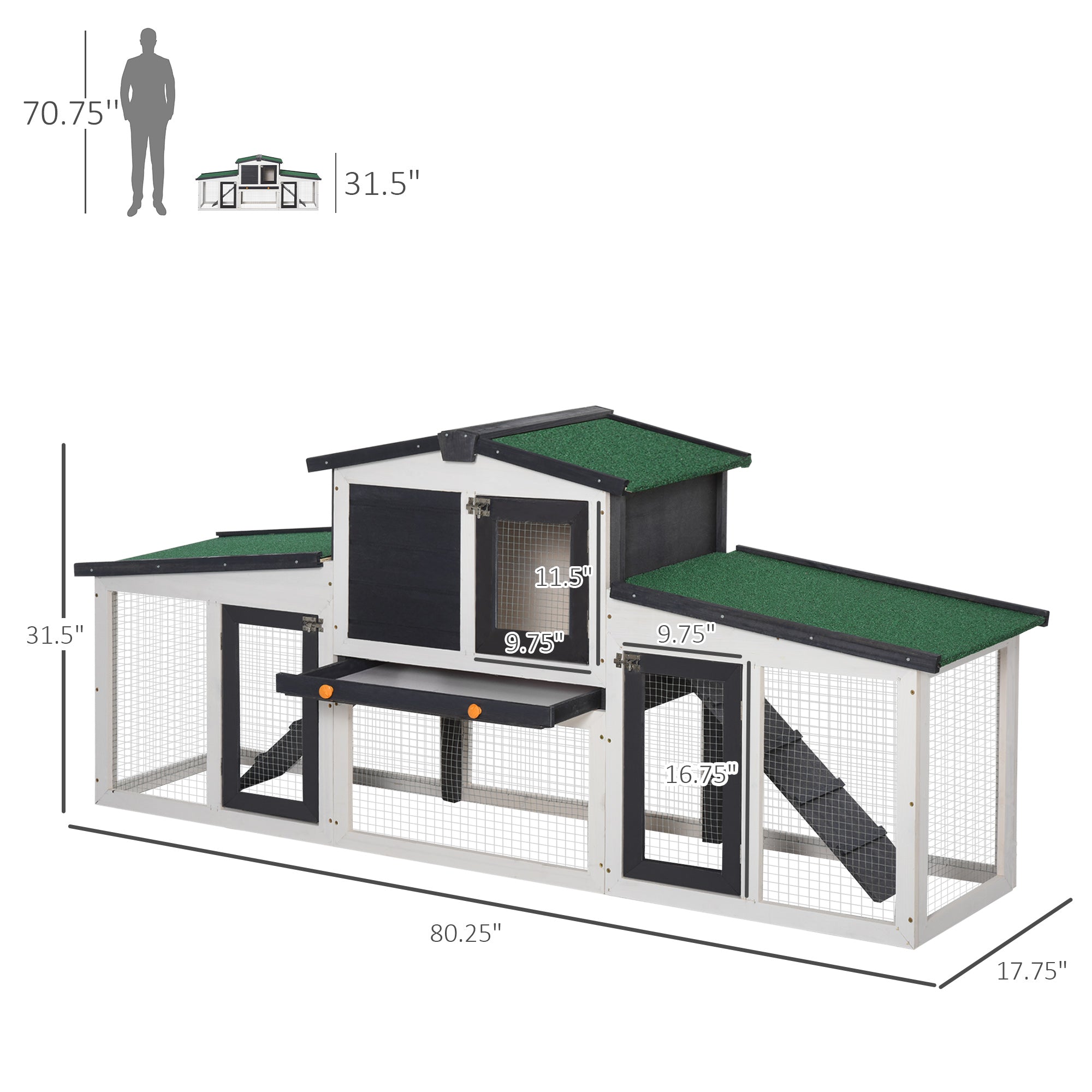 Wooden Large Rabbit Hutch with Double Runs, Removable Tray, Ramps, Roof, 78" x 19" x 34", Outdoor Use, Gray