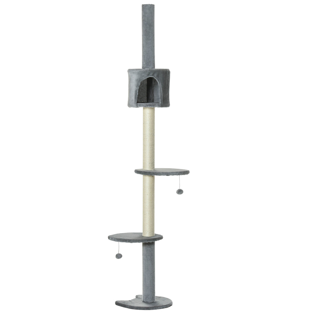 85.5" Adjustable Floor to Ceiling Cat Tree - 4-Tier Tall Cat Tower with Condo, Scratching Post & Hanging Balls, No-Drill Tension Mount Activity Center