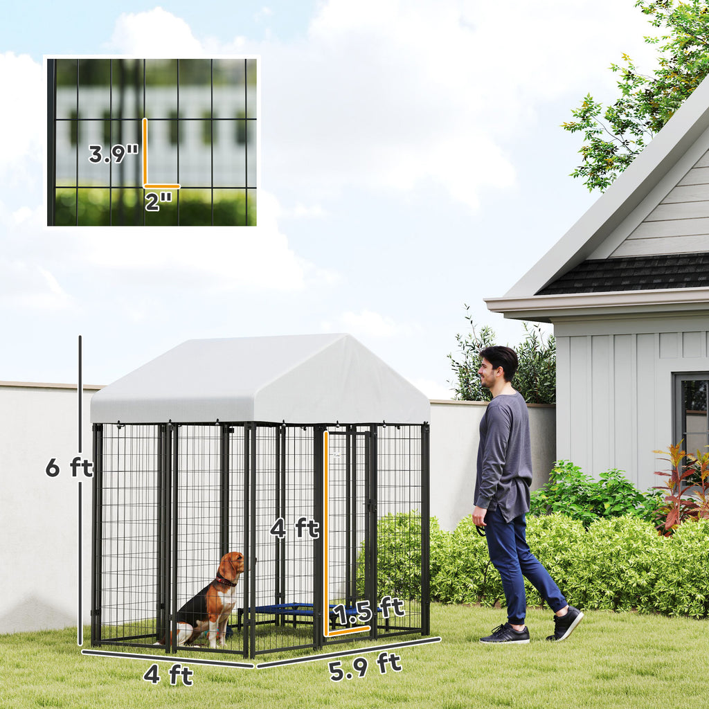 Outdoor Dog Kennel with Roof with Escape-proof Lock, UV-Resistant & Waterproof Cover, 5.9' x 4' x 6', Silver