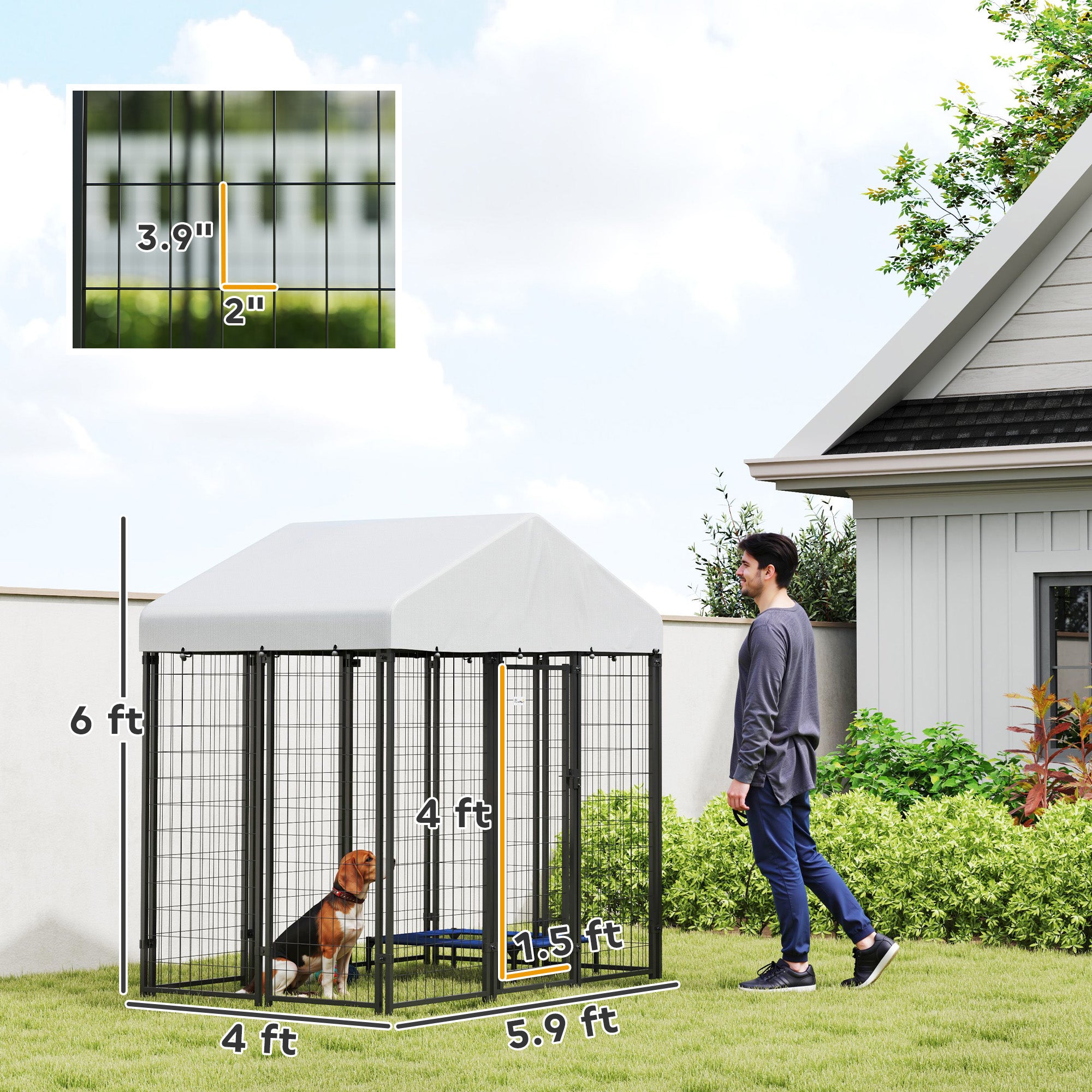 Outdoor Dog Kennel with Roof with Escape-proof Lock, UV-Resistant & Waterproof Cover, 5.9' x 4' x 6', Silver