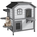 ?2-story Cat House Outdoor, Weatherproof?Wooden Cat Enclosure for Feral Cats with Escape Door, Openable Roof, Jumping Platforms, White