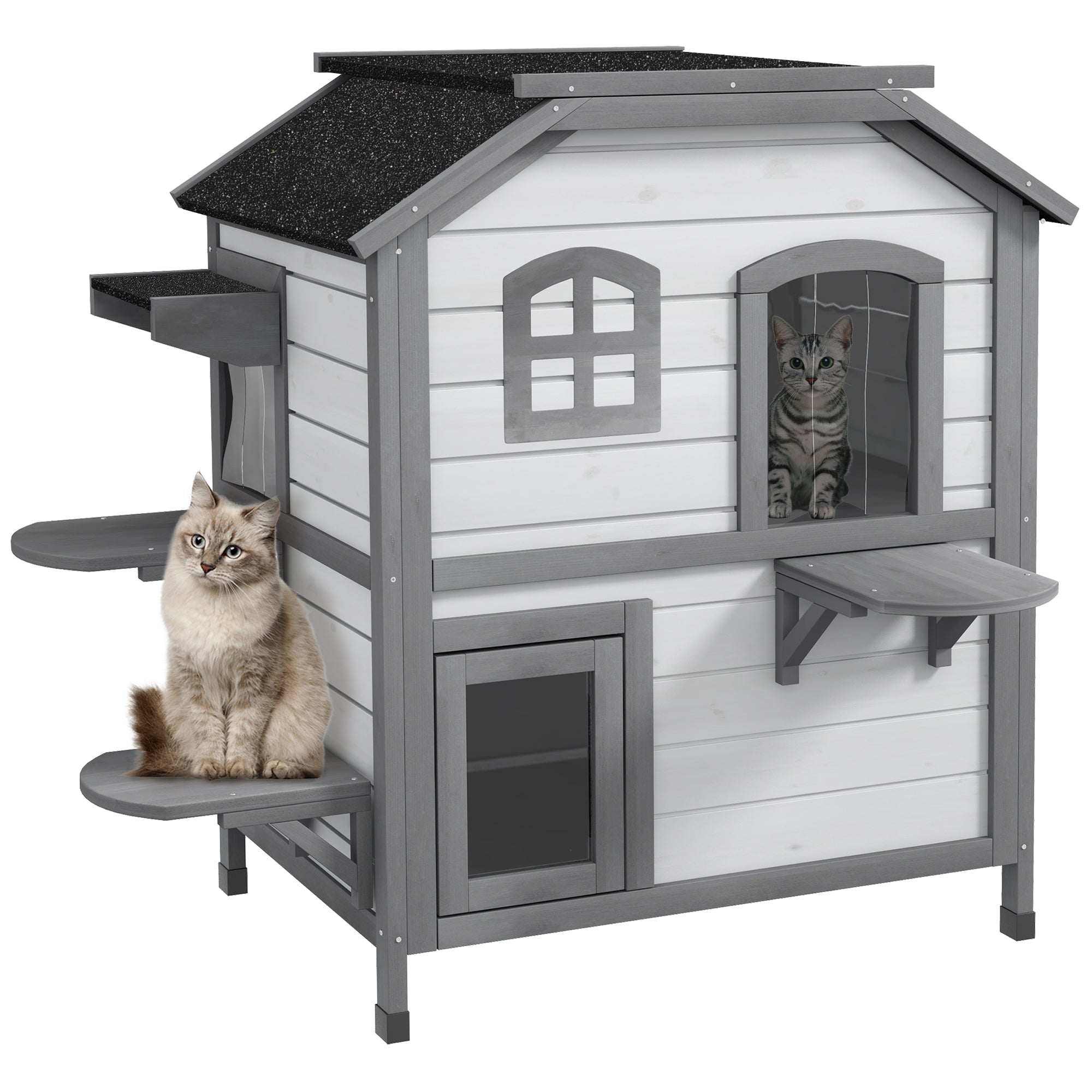 ?2-story Cat House Outdoor, Weatherproof?Wooden Cat Enclosure for Feral Cats with Escape Door, Openable Roof, Jumping Platforms, White